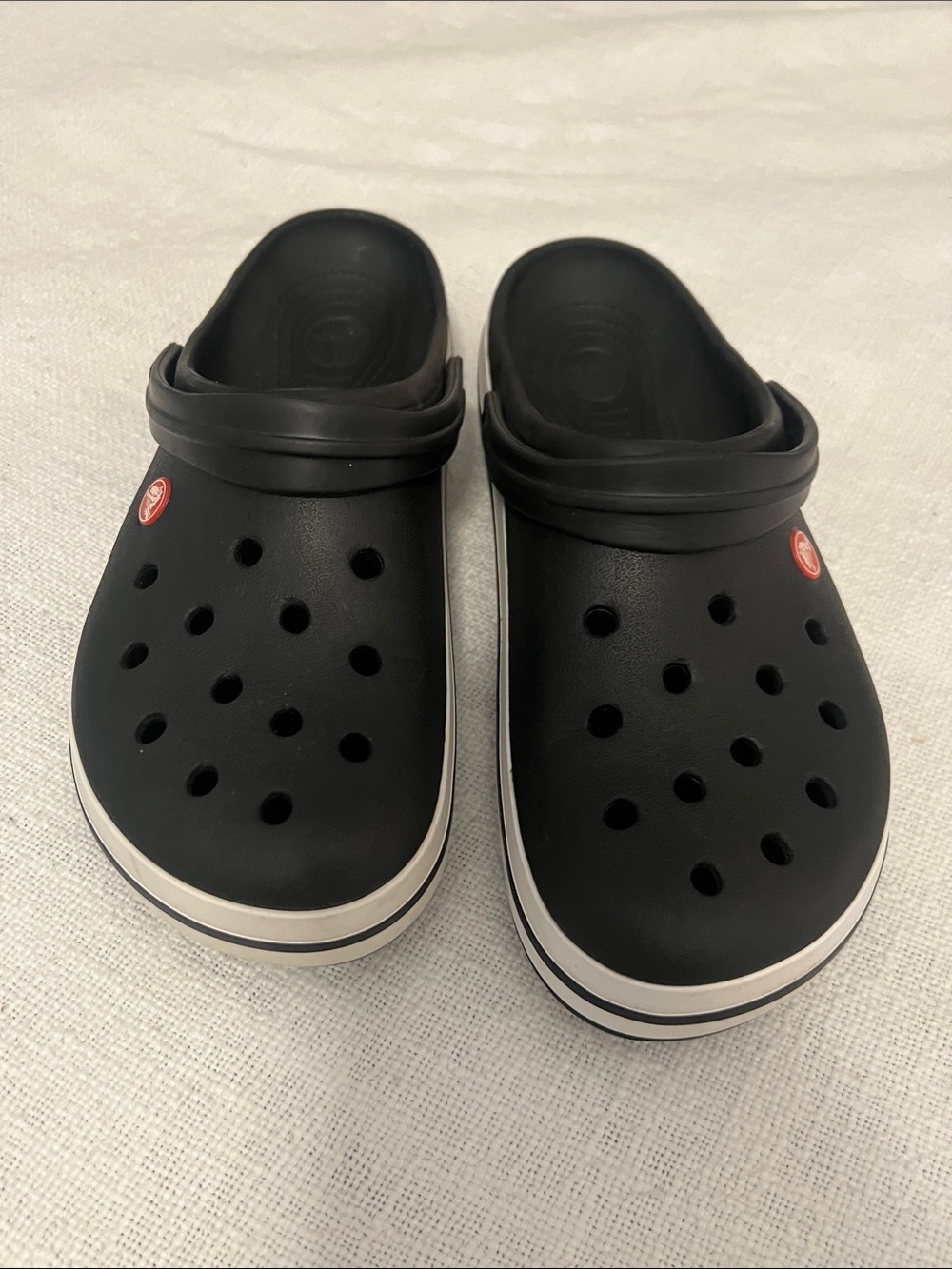 CROCS Men’s Black Clogs with Black Pinstripe & White Trim Sz 12 Great Condition